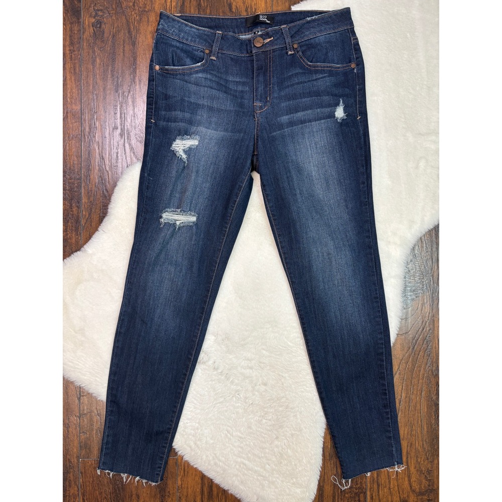 1822 Denim Skinny Jeans 10 Dark Wash Distressed Raw Hem Mid-Rise Stretch Women
